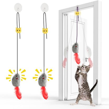 FYNIGO 2 Stück Katzenspielzeug Selbstbeschäftigung Hängende Türrahmen Elastische Maus mit Quietschgeräusch, Keine Batterien erforderlich
