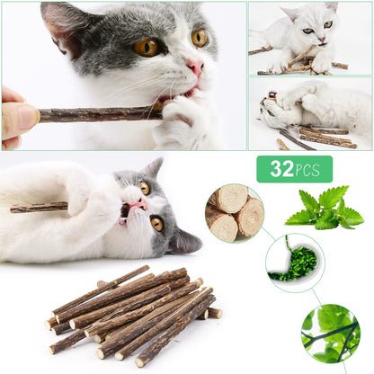 OSDUE 32 Stück Katzenminze Sticks, Matatabi-Kausticks, Katzenminze Spielzeug Katzen Kauhölzer Sticks für Katzen Zahnpflege & Gegen Mundgeruch Natürlich Sicher Katzensticks Kausticks Set