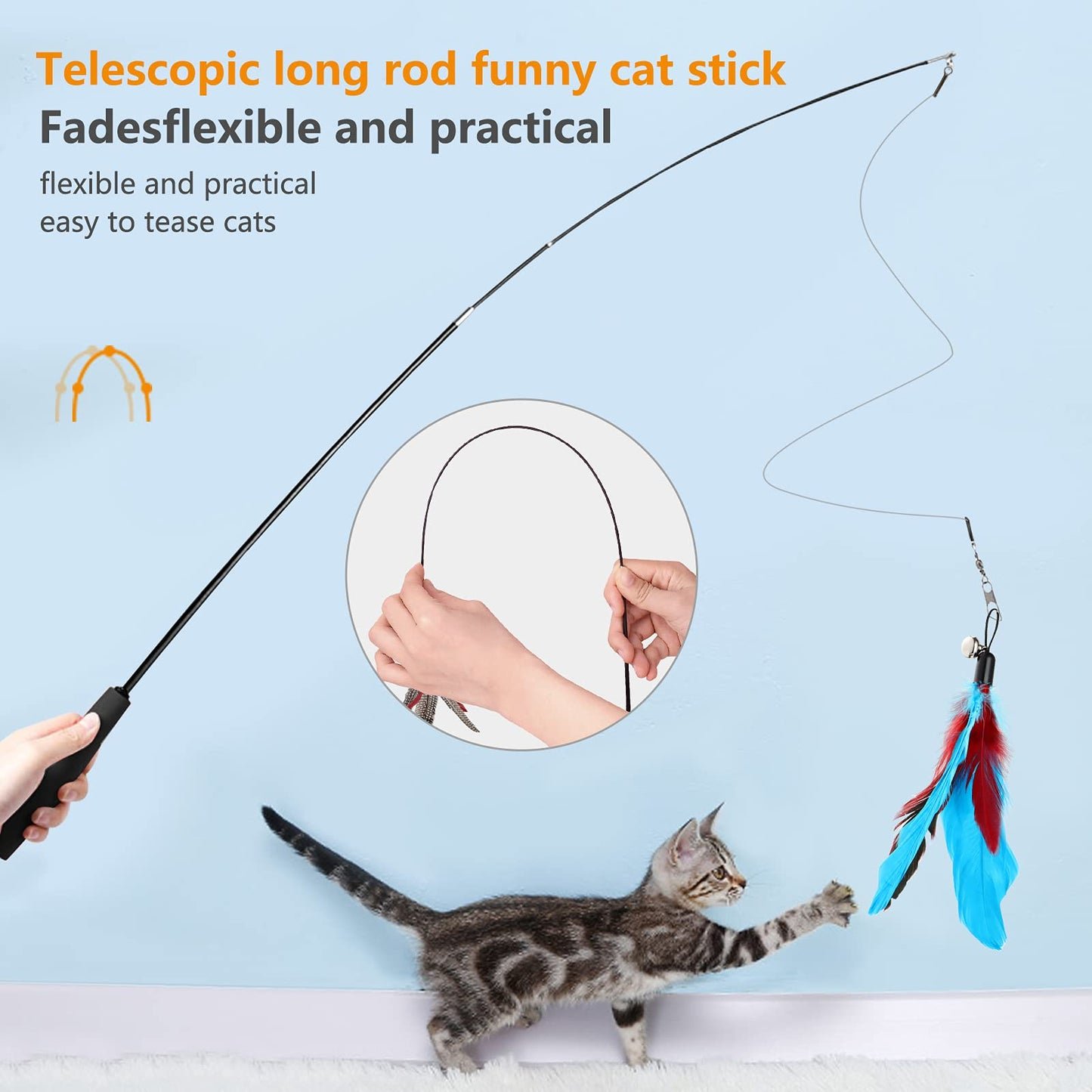 Hianjoo Katzenspielzeug Katze Toys 12 Stück, Interaktives Katzenspielzeug Feder mit 2 STK Versenkbare Katzenangel Ersatz und 10 STK Feder Spielzeug mit Glocken