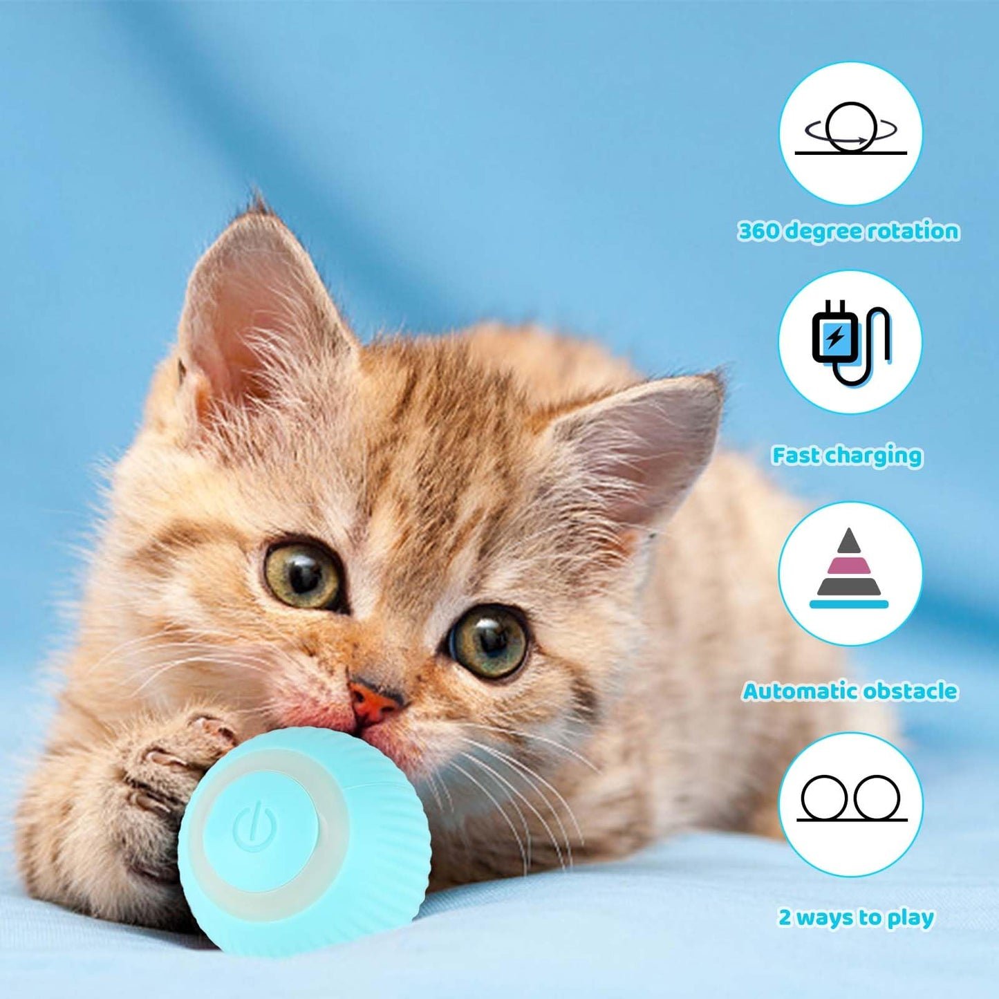 Mkitnvy Interaktives Katzenspielzeug Ball, Katzenball mit LED-Licht, 360° Selbstdrehender Elektronischer Katzenball, Stimulierung Jagdtriebs Lustiges Bälle Spielzeug für Katzen, Blau