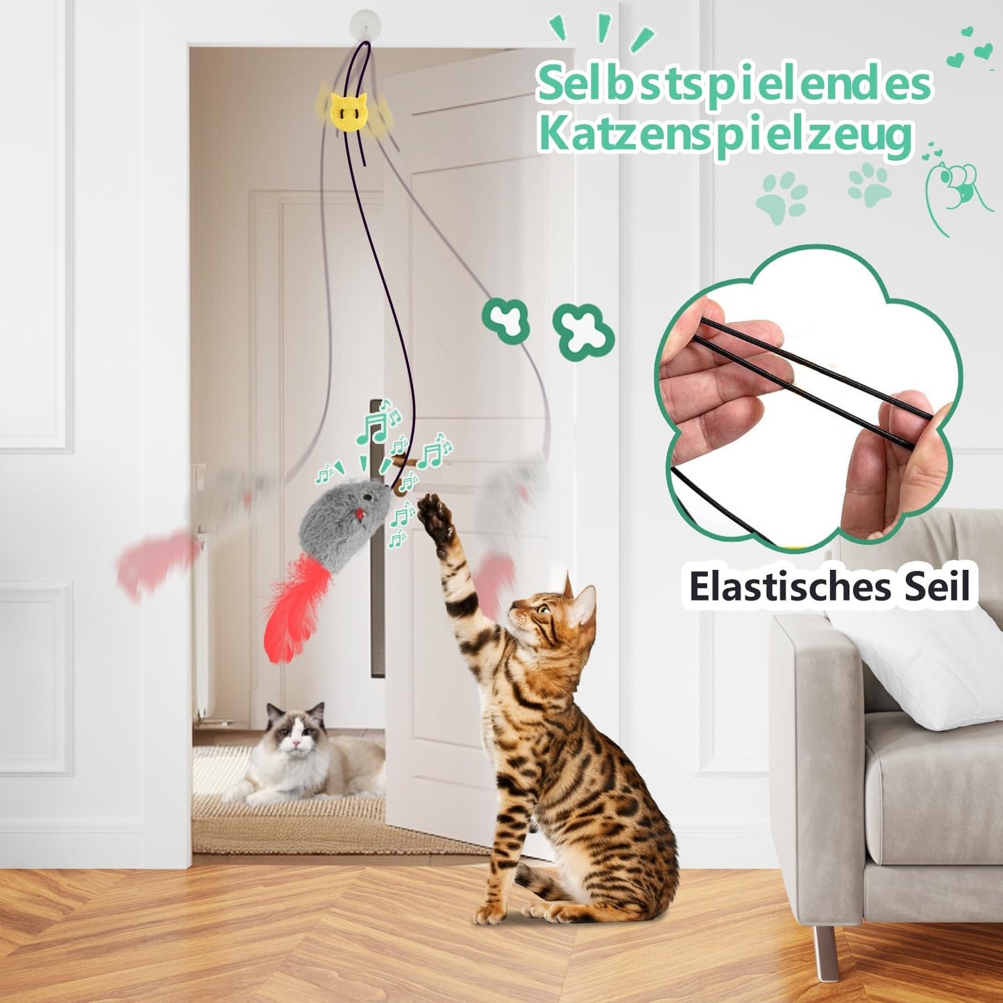 FYNIGO 2 Stück Katzenspielzeug Selbstbeschäftigung Hängende Türrahmen Elastische Maus mit Quietschgeräusch, Keine Batterien erforderlich