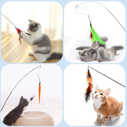 Hianjoo Katzenspielzeug Katze Toys 12 Stück, Interaktives Katzenspielzeug Feder mit 2 STK Versenkbare Katzenangel Ersatz und 10 STK Feder Spielzeug mit Glocken
