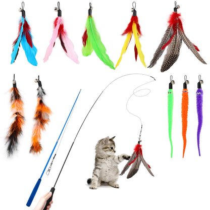 Hianjoo Katzenspielzeug Katze Toys 12 Stück, Interaktives Katzenspielzeug Feder mit 2 STK Versenkbare Katzenangel Ersatz und 10 STK Feder Spielzeug mit Glocken
