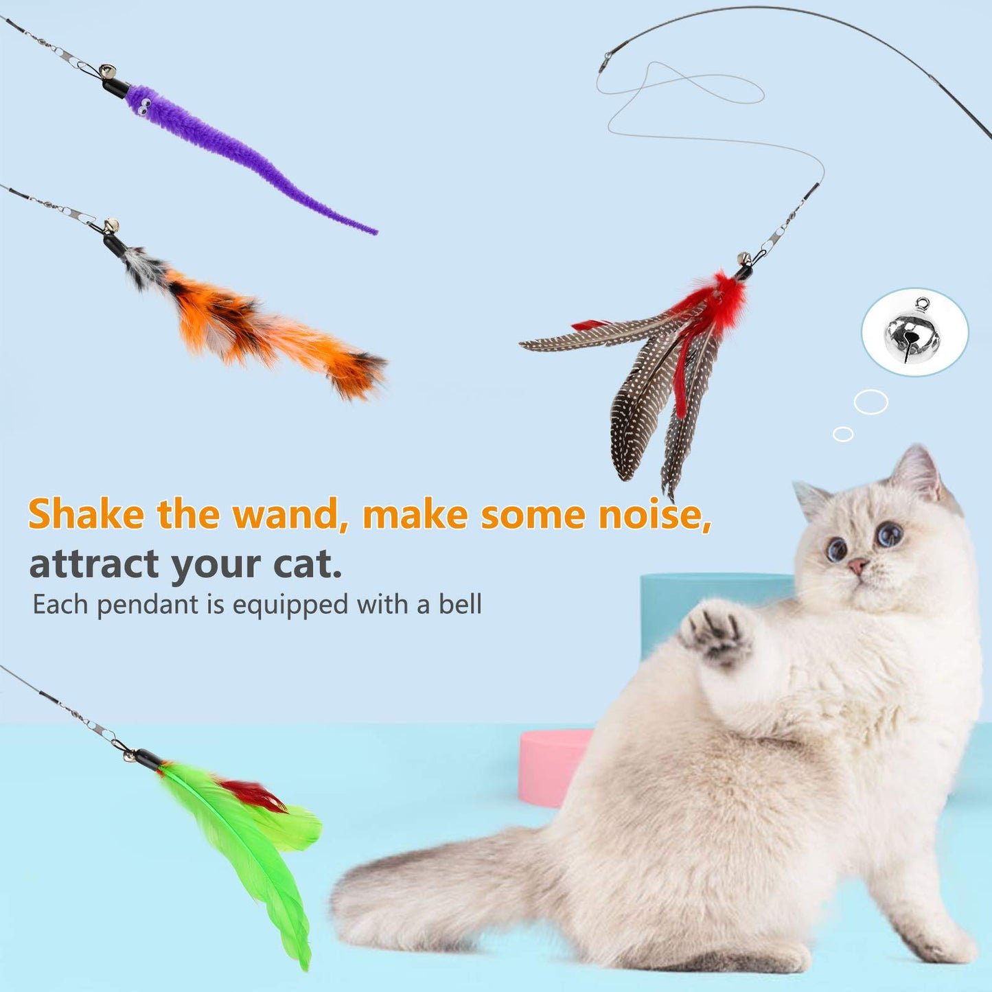Hianjoo Katzenspielzeug Katze Toys 12 Stück, Interaktives Katzenspielzeug Feder mit 2 STK Versenkbare Katzenangel Ersatz und 10 STK Feder Spielzeug mit Glocken