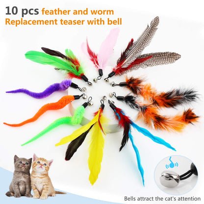 Hianjoo Katzenspielzeug Katze Toys 12 Stück, Interaktives Katzenspielzeug Feder mit 2 STK Versenkbare Katzenangel Ersatz und 10 STK Feder Spielzeug mit Glocken