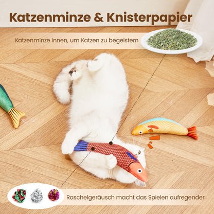 Potaroma Katzenspielzeug Set, 3er Fisch Kicker mit Katzenminze & Knistergeräusch, Weiches Interaktives Spielzeug für Katzen, Selbstbeschäftigung & Intelligenztraining für Alle Rassen